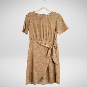 Mittoshop Faux Wrap Waist Polka Dot Mini Dress Tan White Size Small